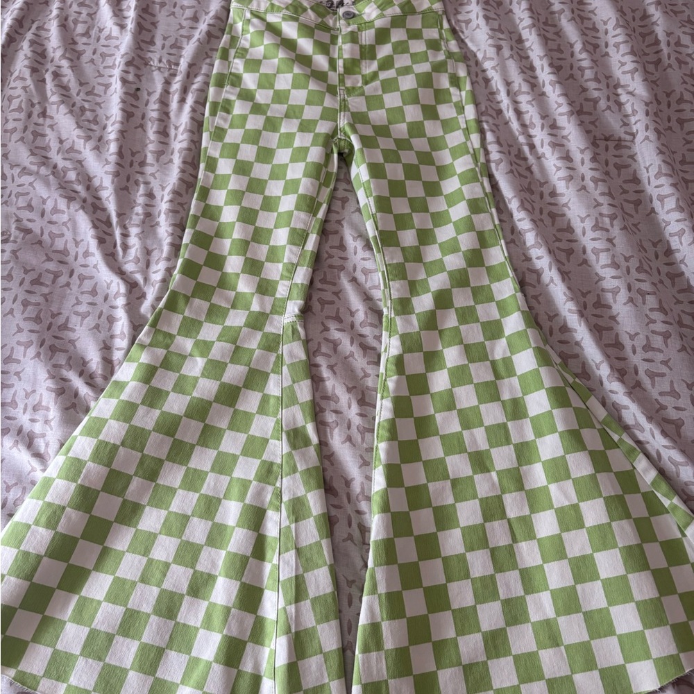 We The Free Lime and White Checkered Wide Leg Jeans